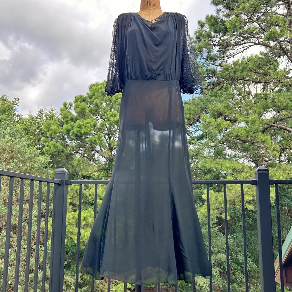 Vintage 30s Black Sheer Silk Chiffon Chantilly Lace Shirred Draped Flowy Midi